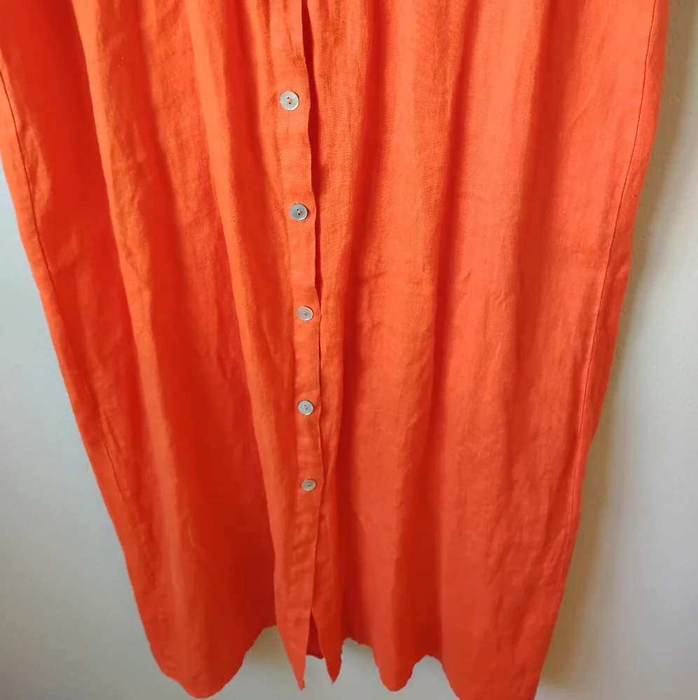 LUA Made in Italy Vibrant Orange 100% Linen Button Down Dress - Picture 6 of 15